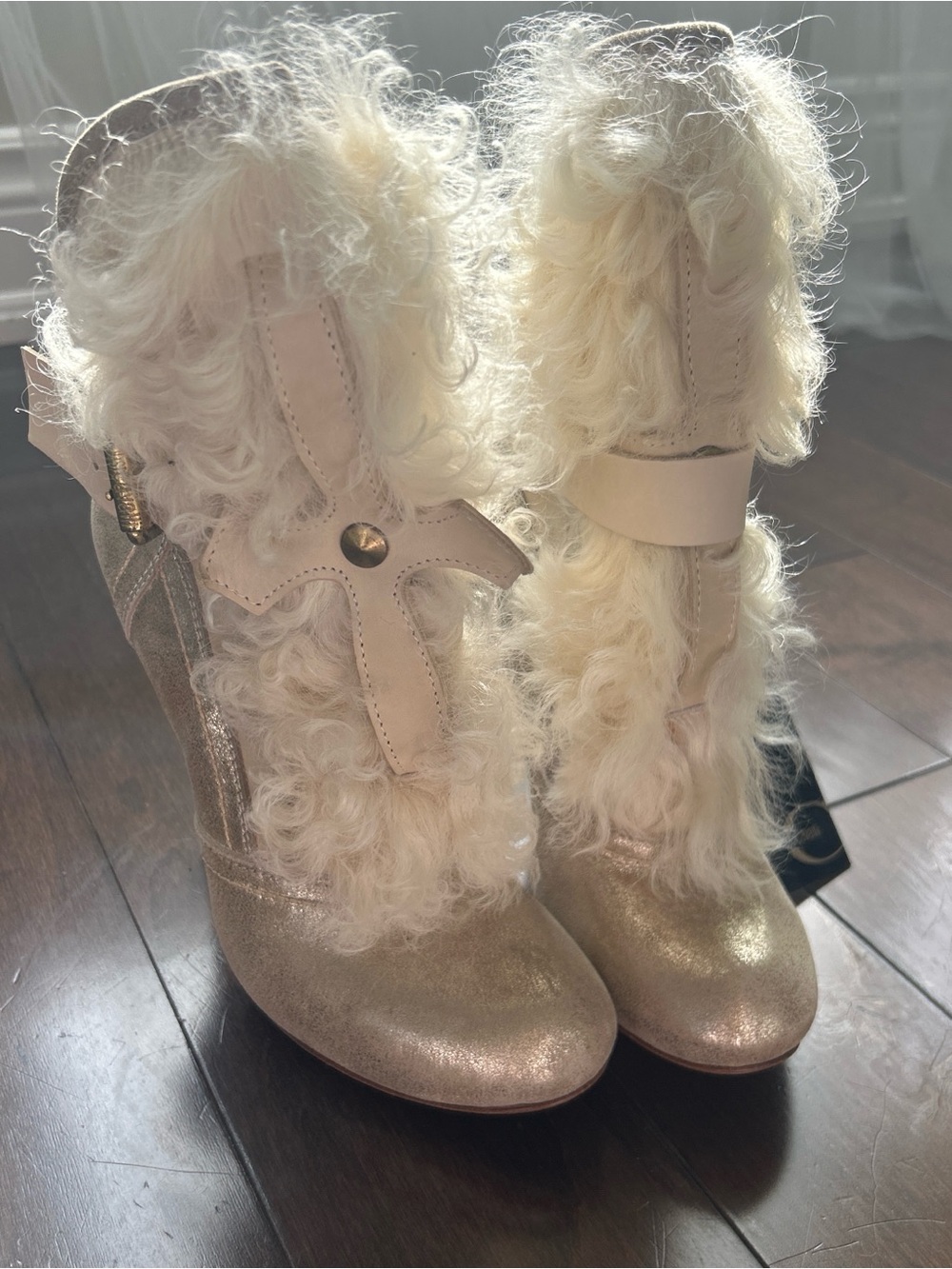 Just Cavalli Gold Metallic Leather Fur Trim Boots